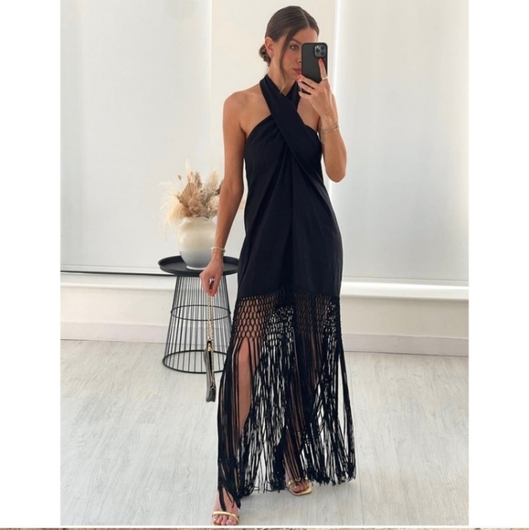 Zara halter * linen dress with fringe black size XS - Picture 2 of 16